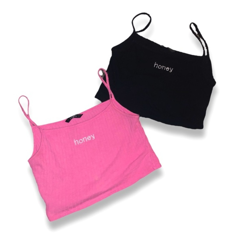 Bundle Deal 💕 2 Y2K Honey Ribbed Spaghetti Strap Crop Tops - pink black